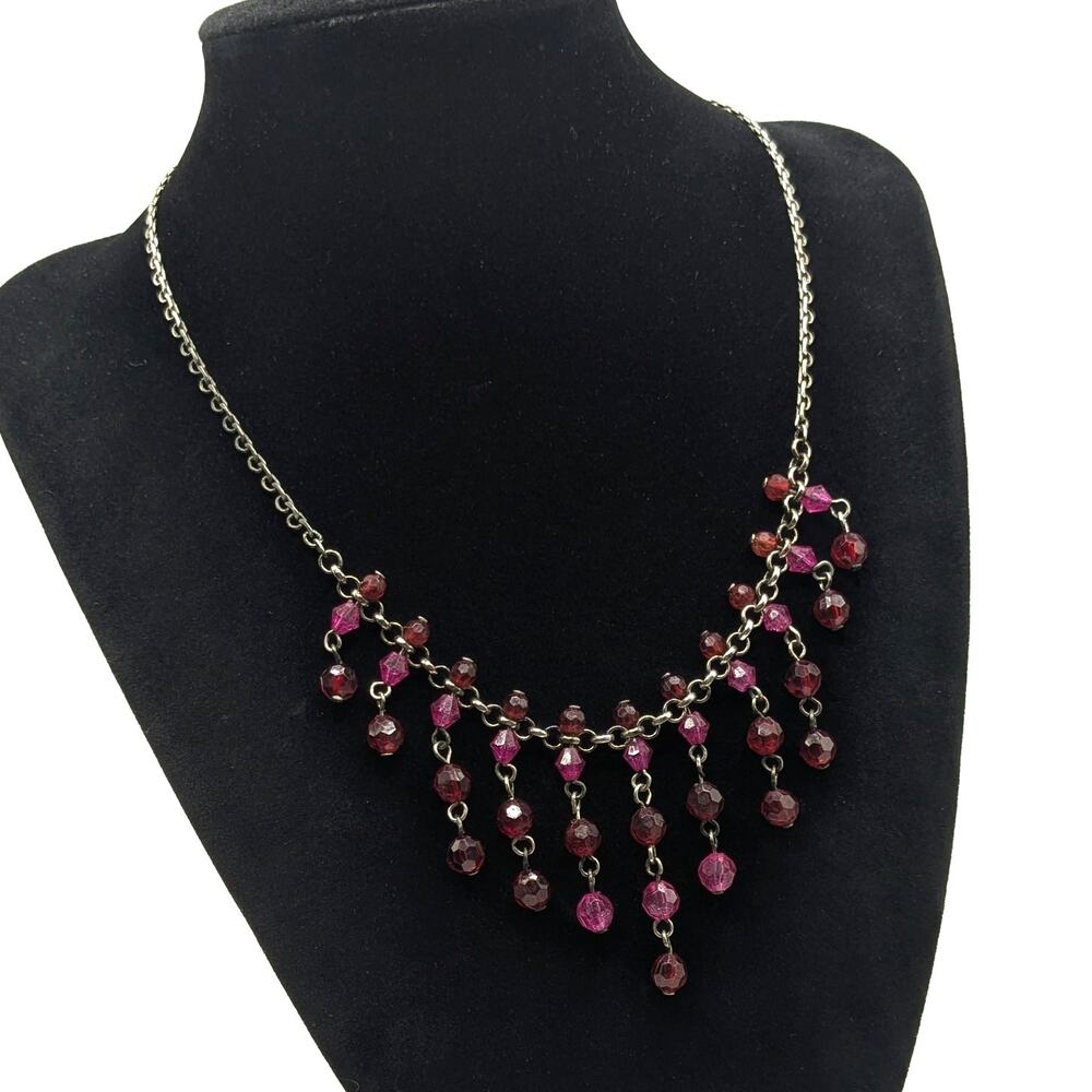Vtg 1928 Signed Pink Red Beaded Silver Tone Dangle Chain Adjustable Necklace